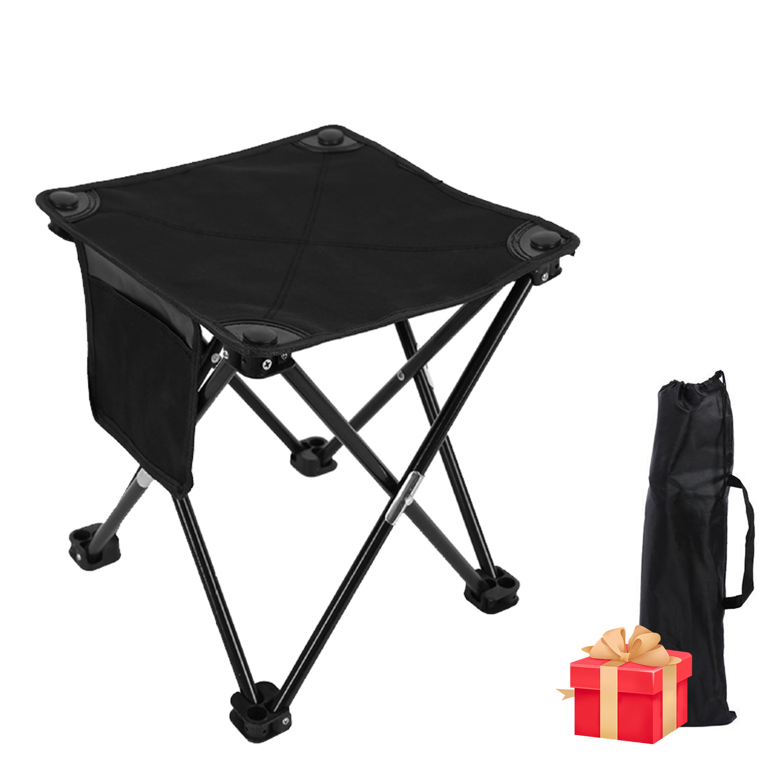 Btideas Portable Camping Stool,Folding Small Outdoor Footstool,with Side Pocket and Carry Bag,Black