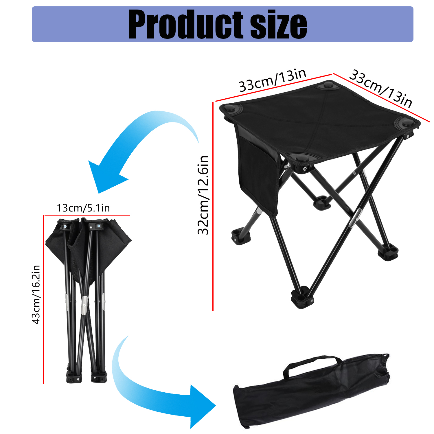 Btideas Portable Camping Stool,Folding Small Outdoor Footstool,with Side Pocket and Carry Bag,Black