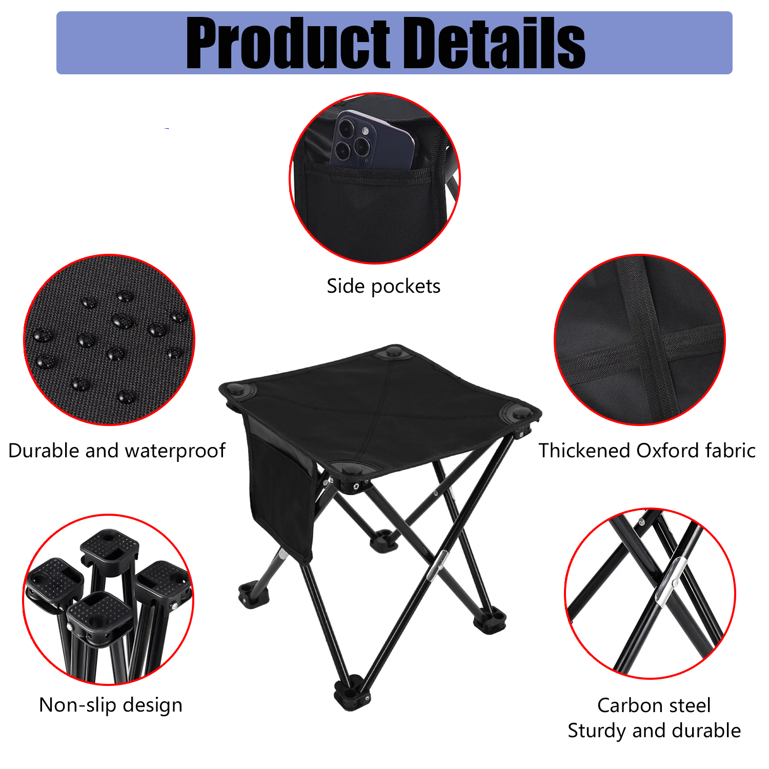 Btideas Portable Camping Stool,Folding Small Outdoor Footstool,with Side Pocket and Carry Bag,Black