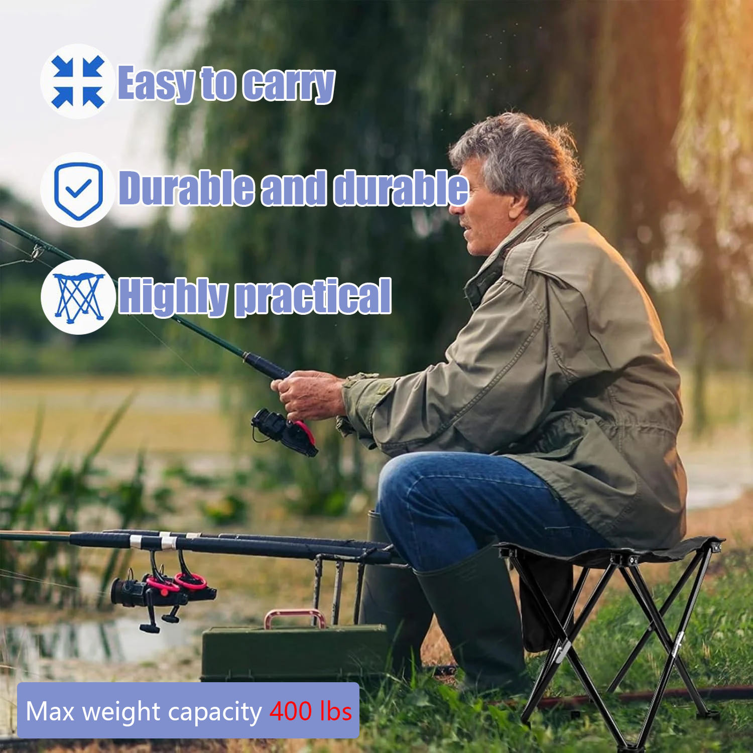 Btideas Portable Camping Stool,Folding Small Outdoor Footstool,with Side Pocket and Carry Bag,Black