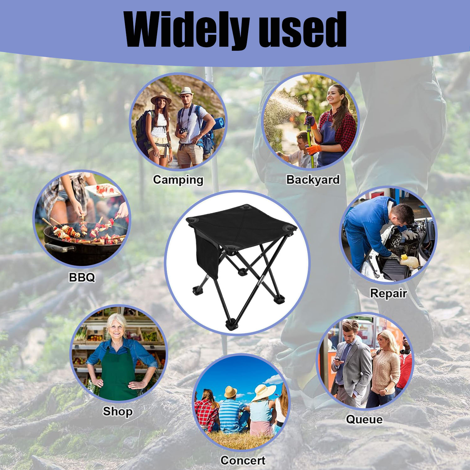 Btideas Portable Camping Stool,Folding Small Outdoor Footstool,with Side Pocket and Carry Bag,Black