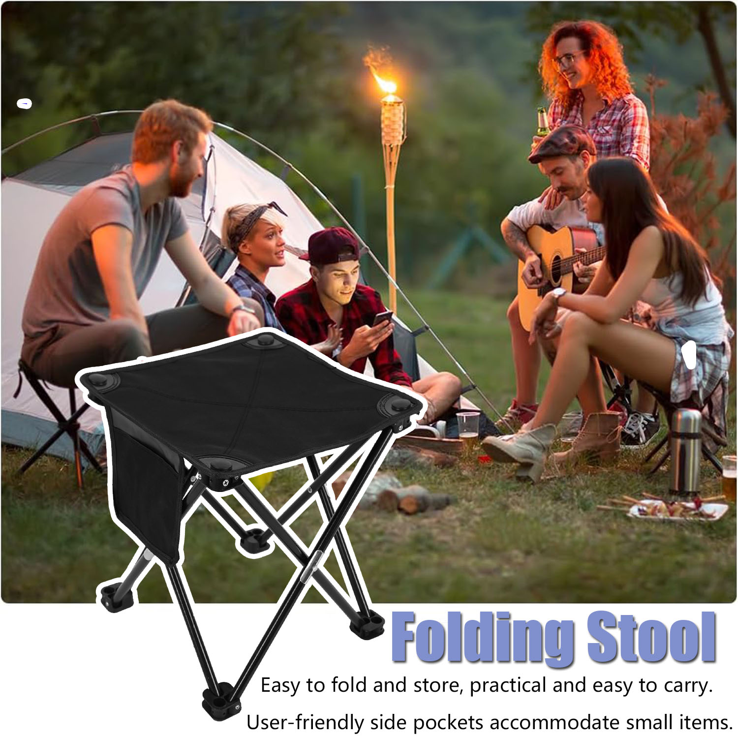 Btideas Portable Camping Stool,Folding Small Outdoor Footstool,with Side Pocket and Carry Bag,Black
