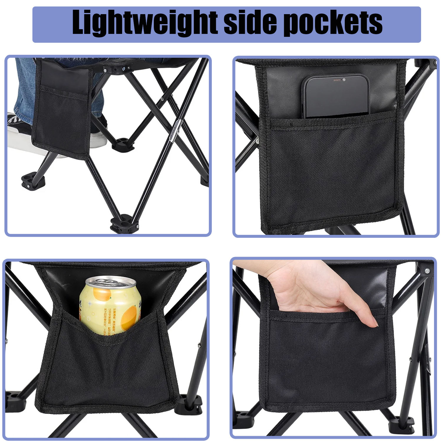 Btideas Portable Camping Stool,Folding Small Outdoor Footstool,with Side Pocket and Carry Bag,Black