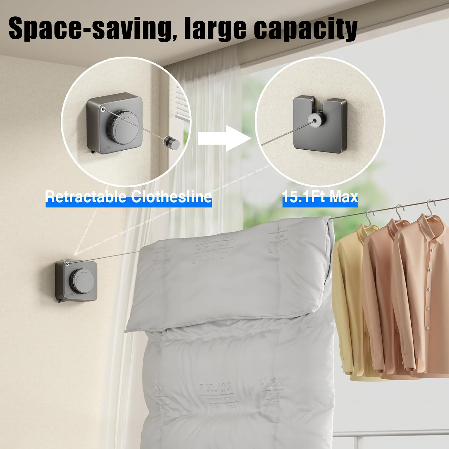 BTideas Retractable Clothesline Outdoor Heavy Duty， Removable Laundry Drying Line Indoor（Black）