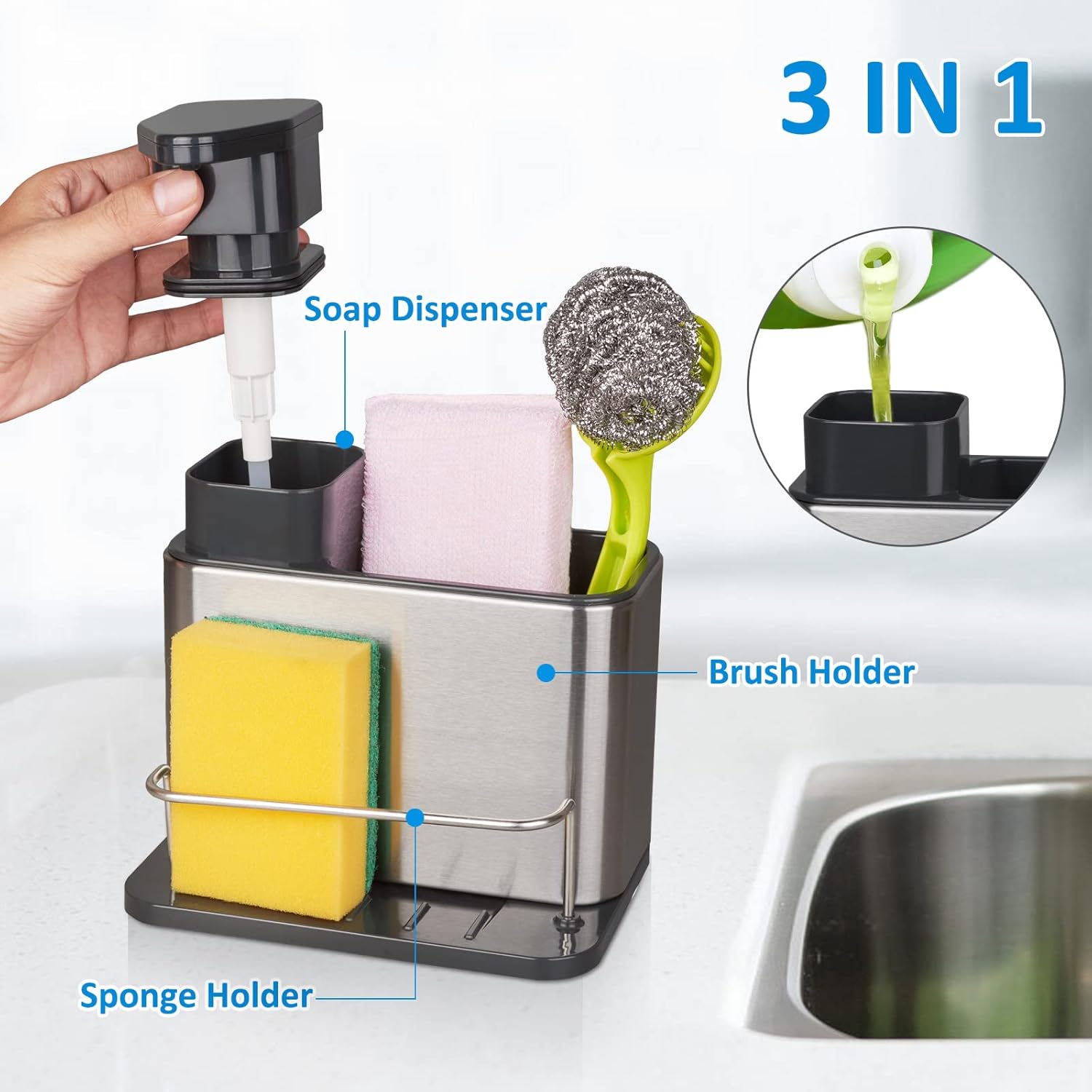 BTideas Soap Dispenser for Kitchen Sink, 3-in-1 Sponge Holder for Kitchen Sink Caddy