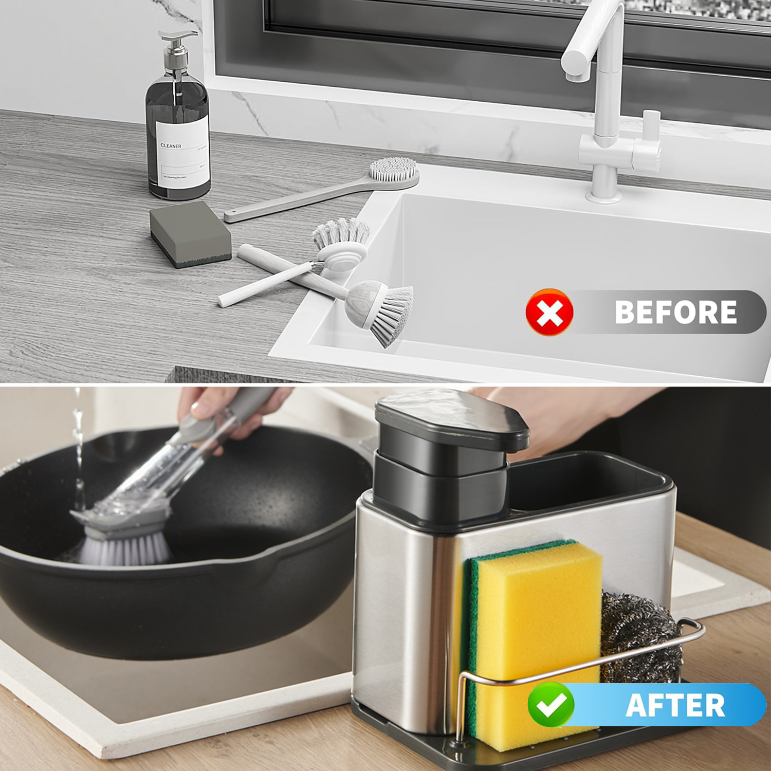 BTideas Soap Dispenser for Kitchen Sink, 3-in-1 Sponge Holder for Kitchen Sink Caddy