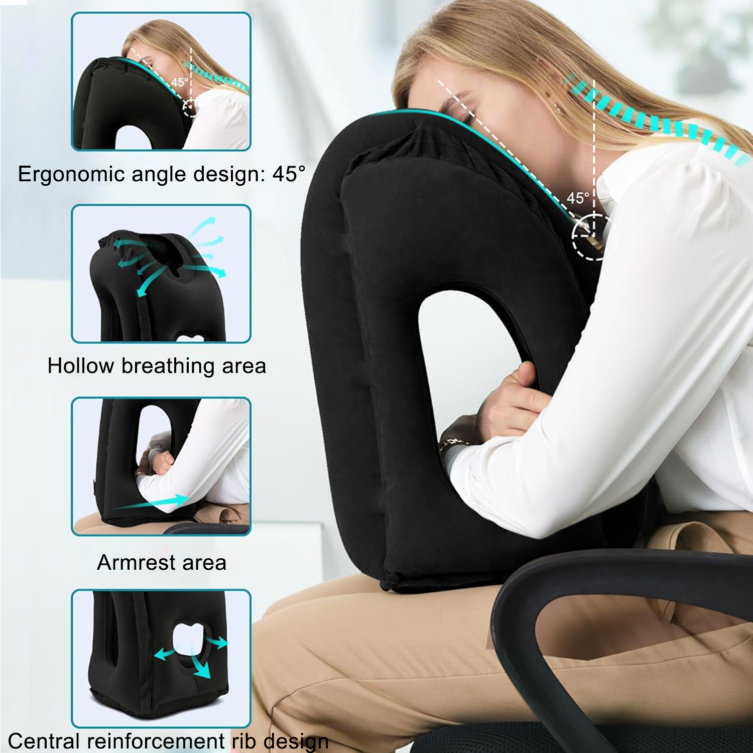 BTideas Inflatable Travel Pillow,Airplane Neck Pillow,for Airplanes, Trains, Cars ,Office(Black)