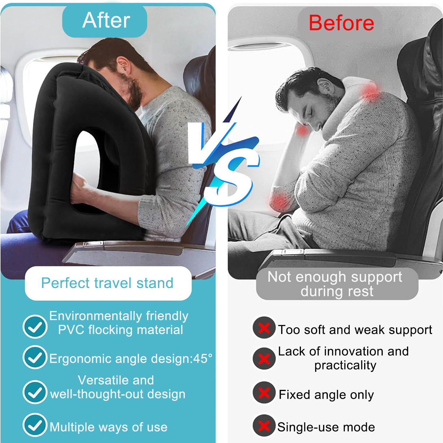 BTideas Inflatable Travel Pillow,Airplane Neck Pillow,for Airplanes, Trains, Cars ,Office(Black)